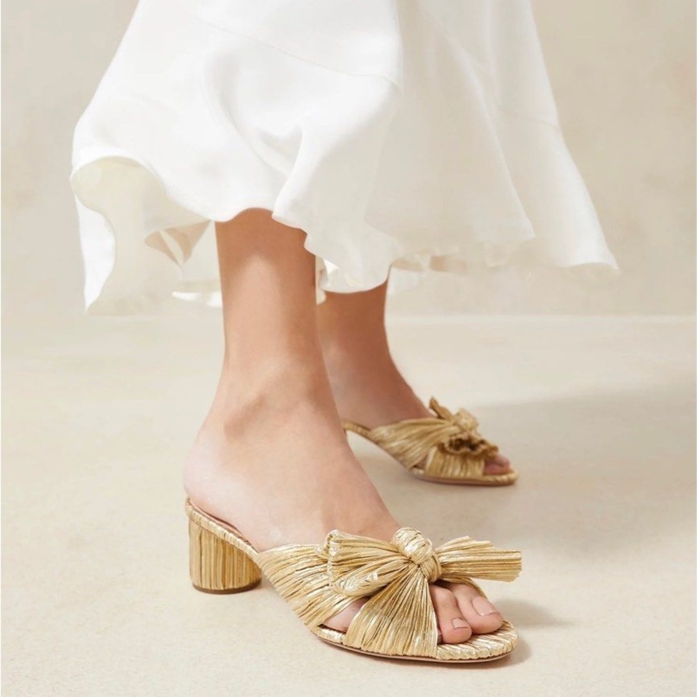 Loeffler Randall Emilia Slide Gold Bow Low Round Heel Crinkle Sandals Size 7.5